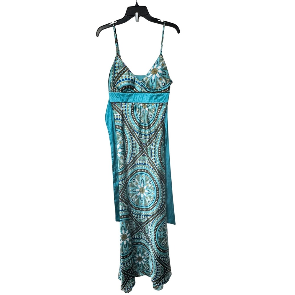 Studio Y Teal Brown Sleeveless Maxi Dress Bohemian Floral Print Women's Size 7/8